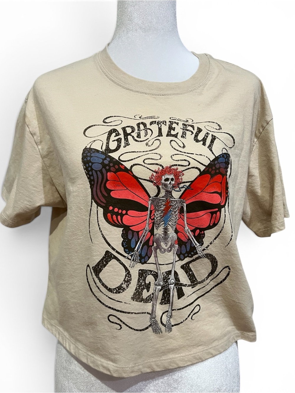 Grateful Dead Ladies Cream T‑Shirt with Red & Blue Butterfly Skeleton